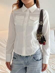 SHEIN Teen Girls Button-Up Long Sleeve Shirt With Front Chest Pocket - White - View 3
