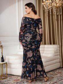 Modelyn 大码女式碎花露肩长袖鱼尾下摆优雅连衣裙 - 黑色 - 查看 2