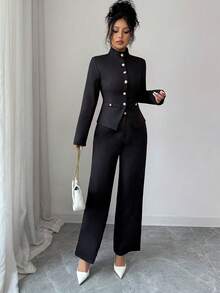 SHEIN PETITE Bộ áo và quần cổ lọ cho nữ - màu đen - Xem 9