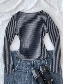 SHEIN Teen Girls Gray Striped Contrast Lace T-Shirt