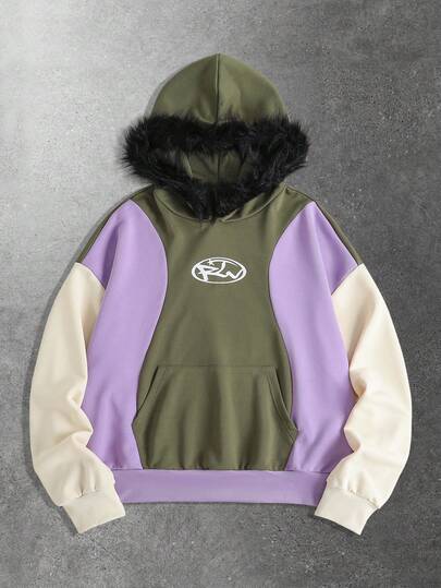 Street Life Sudadera con capucha casual de hombre con parches de color contrastante, otoño/invierno