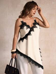 Elegantrix Áo hai dây trơn màu trơn cổ chữ V phối ren họa tiết bất đối xứng cỡ lớn dành cho nữ - Màu be - Xem 2