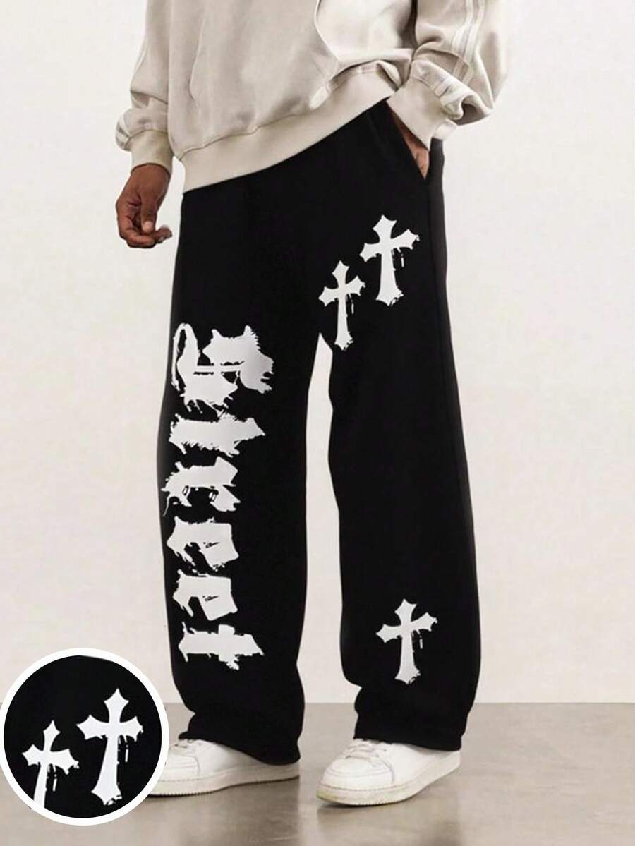 SHEIN 少女抽绳腰部交叉印花宽松阔腿运动裤 - 黑色 - 查看 1