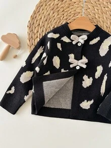 SHEIN Babygirl 休闲豹纹针织开衫，百搭秋冬 - 黑色 - 查看 7