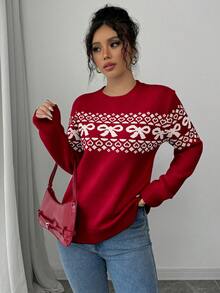 Selianne Áo len chui đầu thường ngày cổ tròn trang trí nơ Jacquard - Đỏ - Xem 6