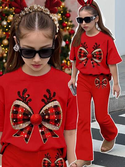 2pcs Tween Girls Christmas Plaid Reindeer & Bow Print Casual Minimalist Short Sleeve T-Shirt And Flare Pants Set