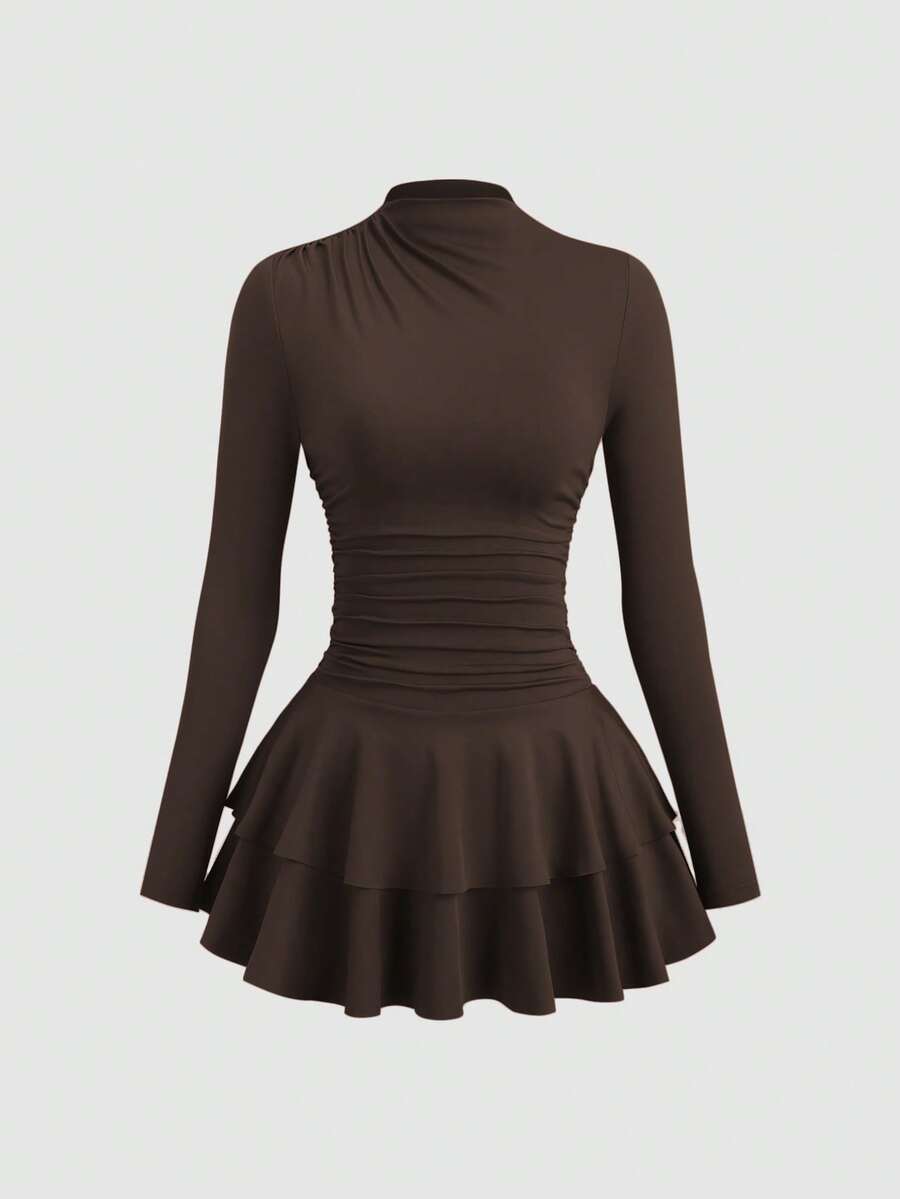 SHEIN PETITE Vestido vintage de manga larga, cuello alto y cintura fruncida en color rojo para mujer, otoño/invierno - Café - Ver 1