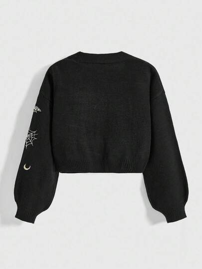 Hippie Cárdigan con cuello en V de talla grande con bordado de sol, luna, estrella y polilla en estilo hippie vintage, Cárdigan de punto negro de talla grande, Suéter bordado delicado, Cárdigan de punto de talla grande para mujer para otoño/invierno