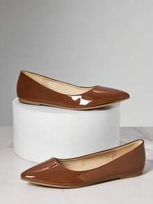 SHUZIA 新款女士时尚巧克力色漆皮PU包头芭蕾舞鞋尖头平底鞋夏季鞋春季鞋春假复活节母亲节礼物 - 巧克力棕 - 查看 3