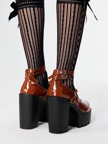 ROMWE Kawaii Women Shoes Brown High Heels Closed Toes Thick Heel One-Buckle Mary Jane Small Leather Shoes, Multi-Buckle Party Dress Shoes Women's High Heel Shoes - Brown - View 5