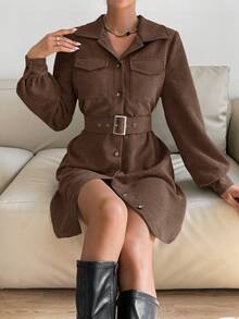 Siren Gaze 女士纯色前扣灯芯绒休闲长袖连衣裙 - 咖啡棕 - 查看 5