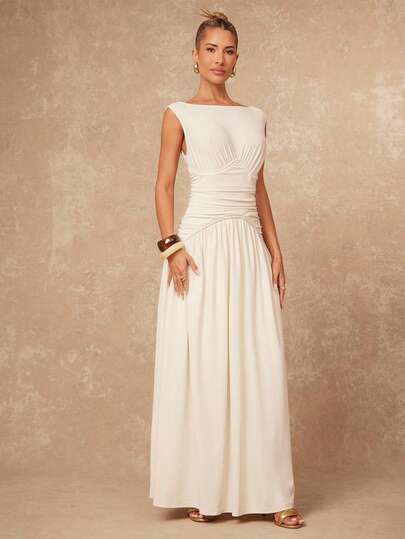 Lumalex Early Spring  Boat Neck Cinched Waist Ruched Dress PreSpringDresses With Voluminous, Comfortable & Soft For Women Vacation Birthday Outfits Wedding VDayGiftGuide RomanticVDayOutfit Guest Wedding VDayGiftGuide RomanticVDayOutfit Party Summer Holiday Beach Outfits Luxury Look LuxeLooks QuietLuxe Prom Gathering Party Banquet Modest Old Money Coquette Rave Festival Richly Layered Party Long Wedding VDayGiftGuide RomanticVDayOutfit Guest Dress PreSpringDresses Ivory Women Dresses Long Elegant Dress New High-End Elegant Modest Old Money Glitter Holiday Party Outfit Rave Festival Outing Swim Vacation Bohemian BOHO Sea Beach Hot Outdoor Richly Layered Wedding Season Banquet Coming Of Age Ceremony Beach Seaside Ruched Oblique Shoulder Cinched Waist Straight Dress For Women