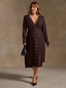 Elegantrix 秋冬大码女式针织连衣裙，蕾丝金属纽扣腰部A字开衩连衣裙，棕色连衣裙，优雅女士长袖连衣裙，秋冬紧身长款连衣裙，乡村音乐会服装，复古街头风，外出服装，女士办公室着装 - 棕色 - 查看 7
