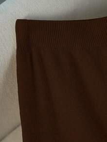 Franclia 新款褶裥拼接针织高腰显瘦A字中长半身裙，休闲女式毛衣裙 - 咖啡棕 - 查看 3