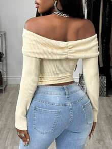 BamGleam Women's Fashionable Sexy Solid Color Hollow Off Shoulder T-Shirt - Apricot - View 2