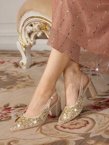 CUCCOO TILAWA Tacones gruesos de mujer con tela y adornos de strass en la punta, adecuados para salidas, banquetes, fiestas y otros eventos navideños - Champán - Ver 5