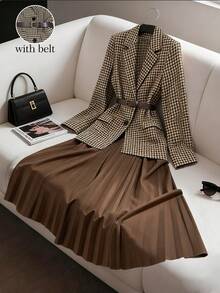 Franclia 优雅千鸟格西装外套和棕色百褶裙套装，秋冬 - 彩色 - 查看 1