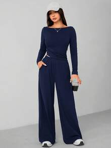 Marineblaues, geripptes T-Shirt mit gerüschtem Langarm und Hose mit weitem Bein für Teenager-Mädchen, lässiger Overall-Jumpsuit-Set für Teenager-Mädchen, Overall-Jumpsuit-Jumpsuits für Damen, einteiliger Overall - marineblau - Übersicht 3
