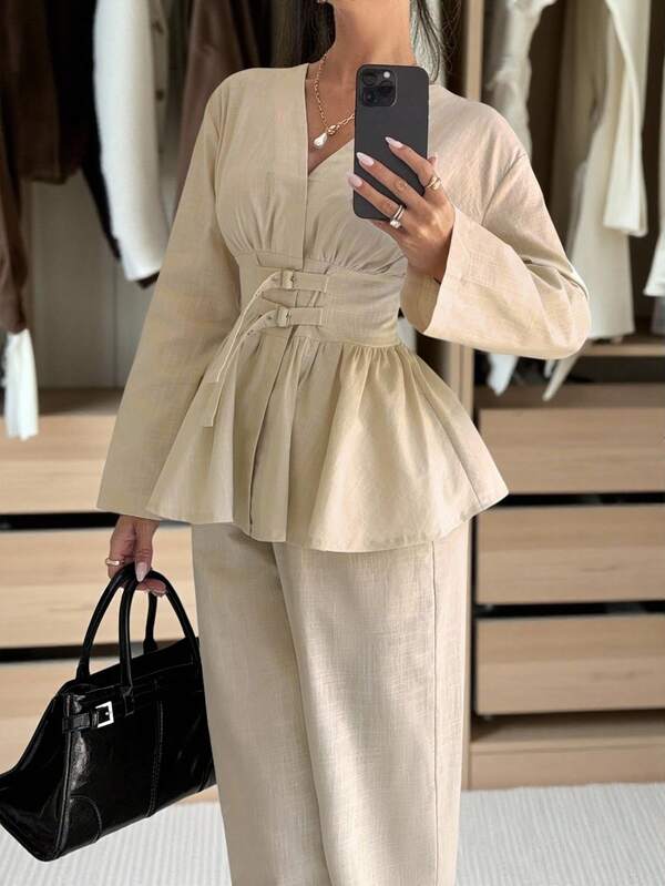 Siren Gaze Women's Cinched Waist Double-Breasted Double Belt Long Sleeve Shirt And Pants Set, Soft & Skin-Friendly Apricot Color Long Sleeve Shirt Set, Women's 2 Pieces Set, Cinched Waist Fitted Shirt, Cotton Outfit Winter Elegant