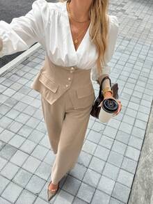 SHEIN Frenchy Women's Elegant Beige 2 Pieces Set,Autumn Office Wear Contrast Color Patchwork Single-Breasted Shirt & Pants Set,French Vintage Linen Casual Outfits - Apricot - View 3