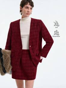 Aalyst 女士优雅别致奢华法式圣诞派对简约高端休闲度假工作装复古深V领纽扣开衫和修身迷你裙两件套，秋冬 - 酒紅色 - 查看 7
