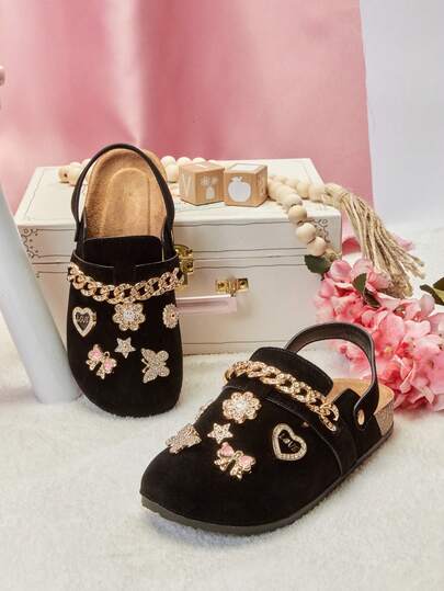 Mini mi #ShinySteps Kids' Jewel Decor Faux Suede Black BS Back Strap Clogs – Sparkle Chain & Butterfly Charms For Cute Looks