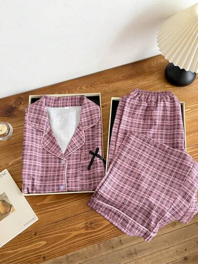 SHEIN Plaid Print Lapel Short Sleeve Pajama Set Two Piece Sleepwear Set Sleep Wear Women Set Women Pajama Shorts Set