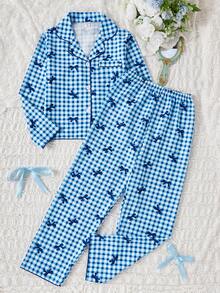 Genkimix Kids 女学生睡衣套装，可爱蝴蝶格子印花长裤和开衫，长袖休闲两件套家居服，适合青少年女孩 - 彩色 - 查看 5