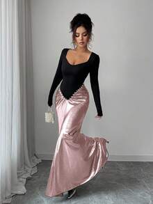 Selianne Damen Farbblock Langarm Kleid mit Perle Dekor und Raffung, elegantes Design - Pink - Übersicht 6