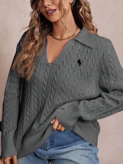 Freevana New Fashionable Loose Knit Sweater With Turndown Collar, Slimming And Age-Reducing Plus Size Pullover For Women/Winter
