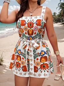 Elenzga Plus Size Women Casual Random Print Jumpsuit - Multicolor - View 3