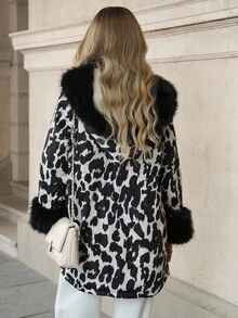 Solivie 女士秋冬加厚领羽绒服，加厚马甲仿皮草外套，女士冬季外套，奶牛纹女式冬季长款黑色保暖加厚棉质外套，动物纹豹纹外套，带内衬的女士秋季外套 - 彩色 - 查看 2