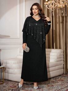 Modelyn Plus Size Elegant Party Sequin Patchwork Dress - Black and White - View 3