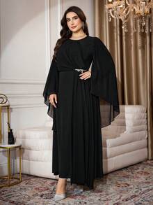 Modelyn Plus Size Women Crew Neck Flare Sleeve Patchwork Pleated Hem Elegant Dress