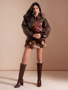 SHUZIA #时尚优雅 女士方头粗跟优质PU棕色过膝长靴 – 侧拉链，流畅线条，拉长腿部线条，轻松驾驭从办公室到街头的各种场合 - 棕色 - 查看 3