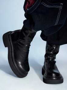 Sugerpunk Women's Round Toe Thick Sole Back Zipper PU Leather Elastic Ankle Boots, Retro Thick Sole Elastic Short Boots Boots, Skinny Boots - Black - View 4