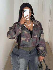 Maweii 大码休闲迷彩印花长袖卫衣外套 - 軍綠色 - 查看 3