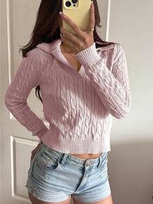 Flirla 女士休闲抽绳长袖针织毛衣，浅黄色，秋冬 - 淺粉色 - 查看 6