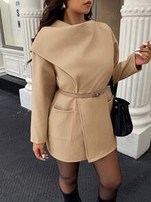 Easura Plus Size Women's Solid Color Long Sleeve Scarf Collar Pocket Design Woolen Coat, Autumn/Winter - Khaki - View 5