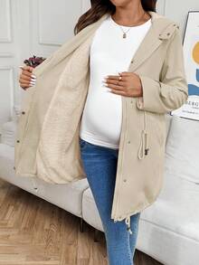 SHEIN Solid Color Minimalist Long Sleeve Warm 3-In-1 Maternity Jacket - Khaki - View 7
