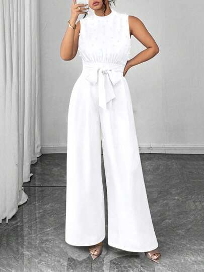 Elenzga 大码优雅串珠无袖圆领上衣和直腿连体裤