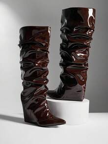 SHUZIA Women's Fashionable Comfortable Knee-High Pointed Toe Slouch Wedge Boots, Suitable For Daily Casual & Holiday Wear For Christmas - Chocolate Brown - View 3