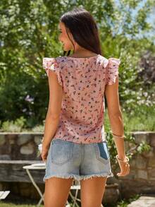 KARISMINA Women's Floral Print V-Neck Cap Sleeve Blouse, Vacation Wear - Baby Pink - View 2