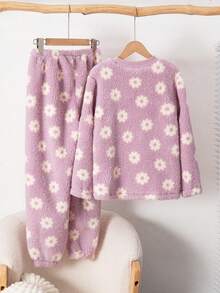 青少年女孩蓬松花朵印花长袖上衣和裤子睡衣套装 - 粉色 - 查看 5