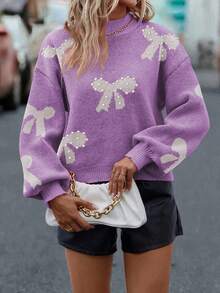 SHEIN LUNE Suéter de punto con cuello redondo, ajuste holgado y mangas farol - Morado - Ver 6