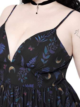 Goth robe à fines brides imprimée vintage tout-sur-tout avec lune et plante, grande taille