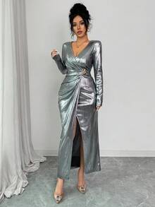 SHEIN Elenzya Women's Glossy Dress, Deep V-Neck, Sexy, Slim Fit, Long Sleeves, High-Quality Luxury Dress For Parties. - Silver - View 5