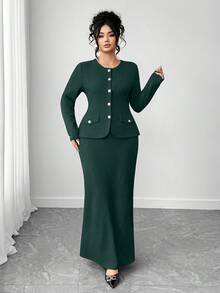 Elenzga 大码女士优雅纯色修身外套和鱼尾裙套装，春秋季 - 墨綠色 - 查看 5