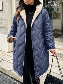 EMERY ROSE Plus Size Winter Clothes Casual Hooded Thermal Lined Padded Padded Coat - Navy Blue - View 5