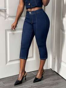 Slaydiva Women's Skinny Jeans, Low-Rise, Slim-Fit, Cropped, Dark Blue, Y2K Style, Street Fashion, Music Festival, Christmas, New Year, Valentine's Day. - Dark Wash - View 6